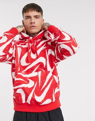 red nike hoodie with nike signs all over
