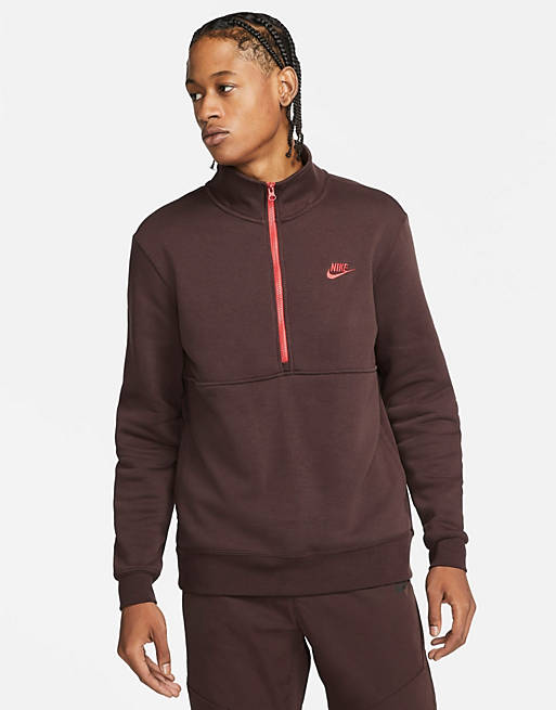 Nike Club Fleece half-zip sweatshirt in dark brown | ASOS