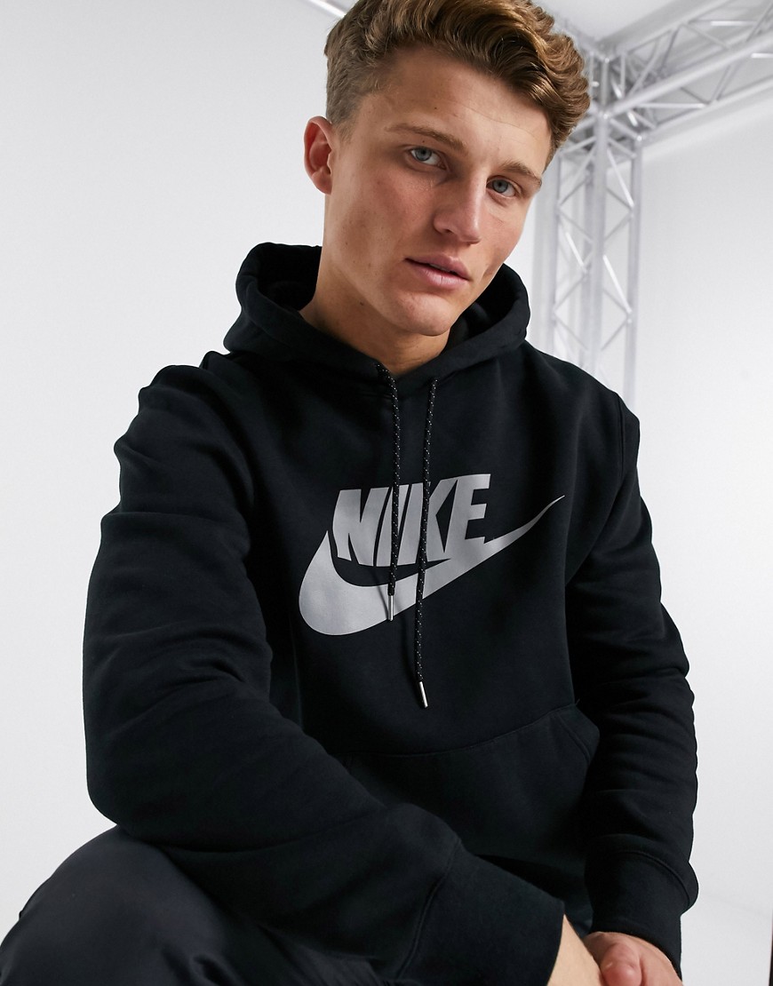 Nike Club fleece hoodie with reflective logo in black