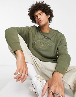 Nike Club french terry mixed fabric embroidered logo sweat in olive - ASOS Price Checker