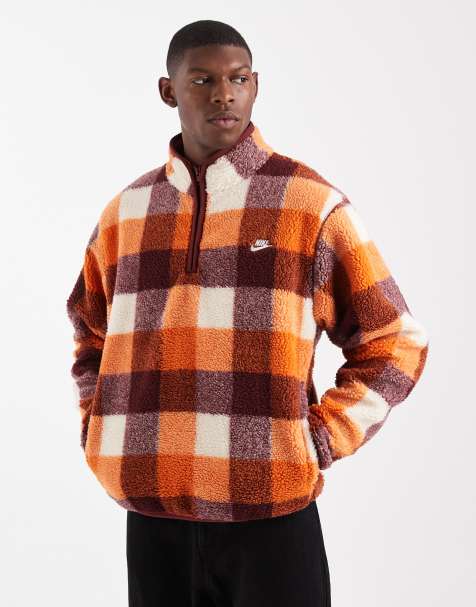Nike Club half zip fleece in orange and brown check - view 1