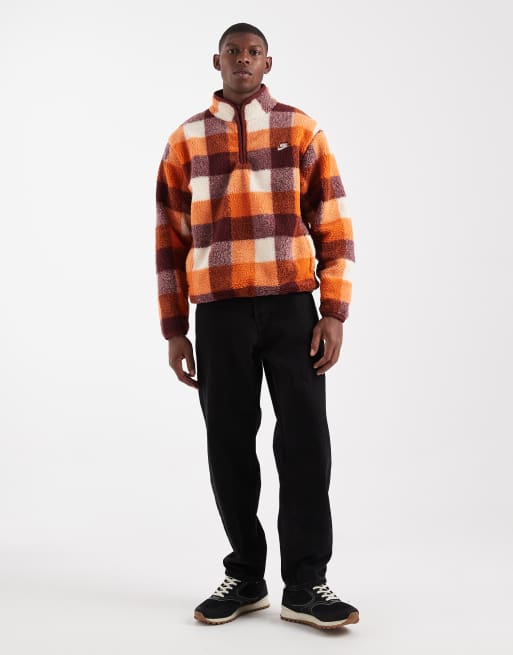 Nike Club half zip fleece in orange and brown check | ASOS