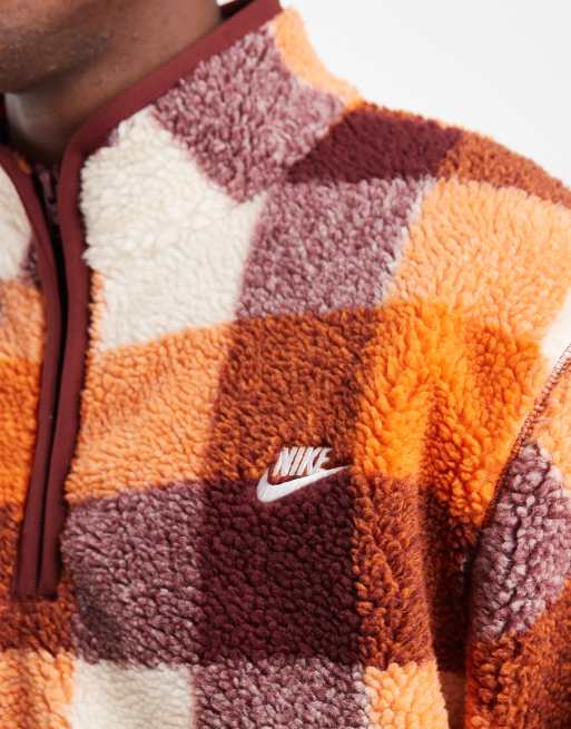 Nike Club half zip fleece in orange and brown check, 5 of 5
