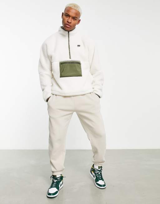 Nike Club Plus Winter 1/2 zip fleece sweat with contrast pocket in white  and khaki