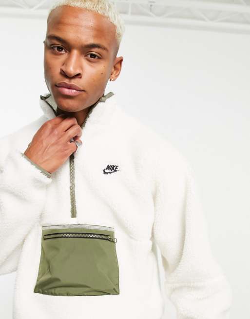 Nike Club Plus Winter 1/2 zip fleece sweat with contrast pocket in white  and khaki