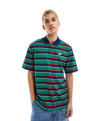 Shop Nike Club Striped Polo Shirt In Navy And Green