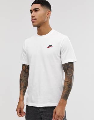 white nike shirt with red logo