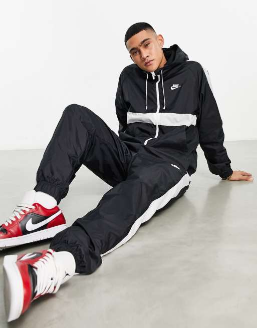 Nike woven tracksuit black cheap and white