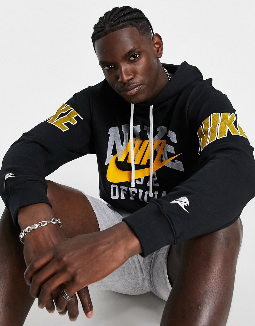 Nike Collegiate vintage print hoodie in black and gold