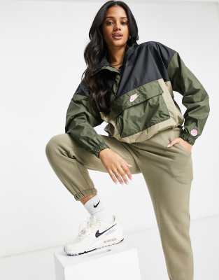 Nike Color Block Cropped Overhead Jacket In Khaki And Black ModeSens