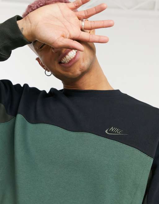 Nike colourblock crew neck sweat in black khaki ASOS