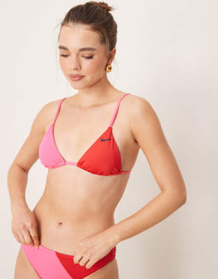 Nike Swimming Nike colourblock triangle bikini top in red and pink