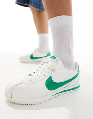 Shop Nike Cortez Leather Sneakers In White And Green