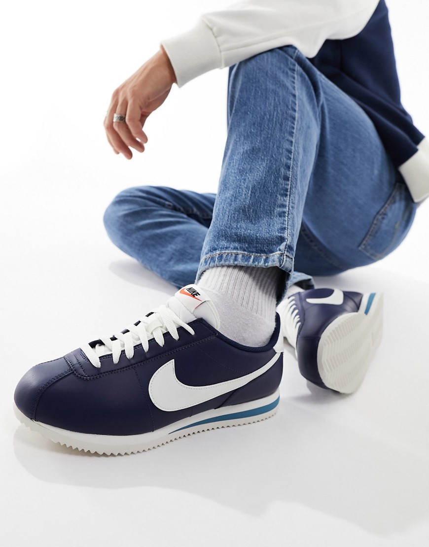 Nike Cortez leather trainers in navy and blue-White
