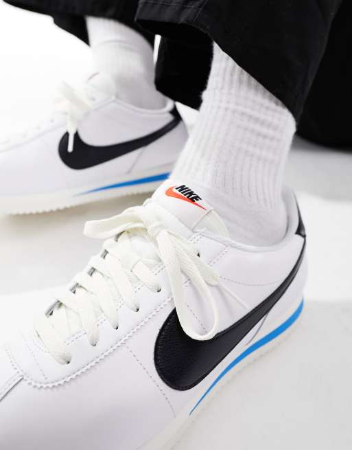 Nike Cortez leather trainers in white black and blue | ASOS