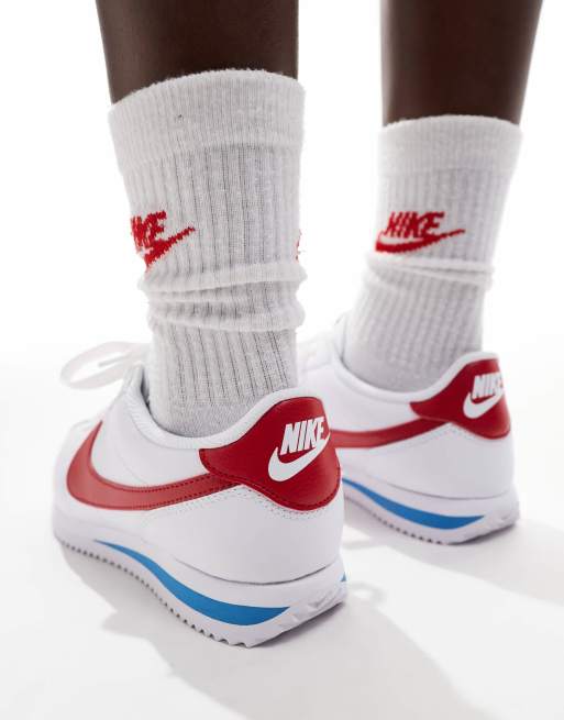 Nike Cortez leather trainers in white red and blue