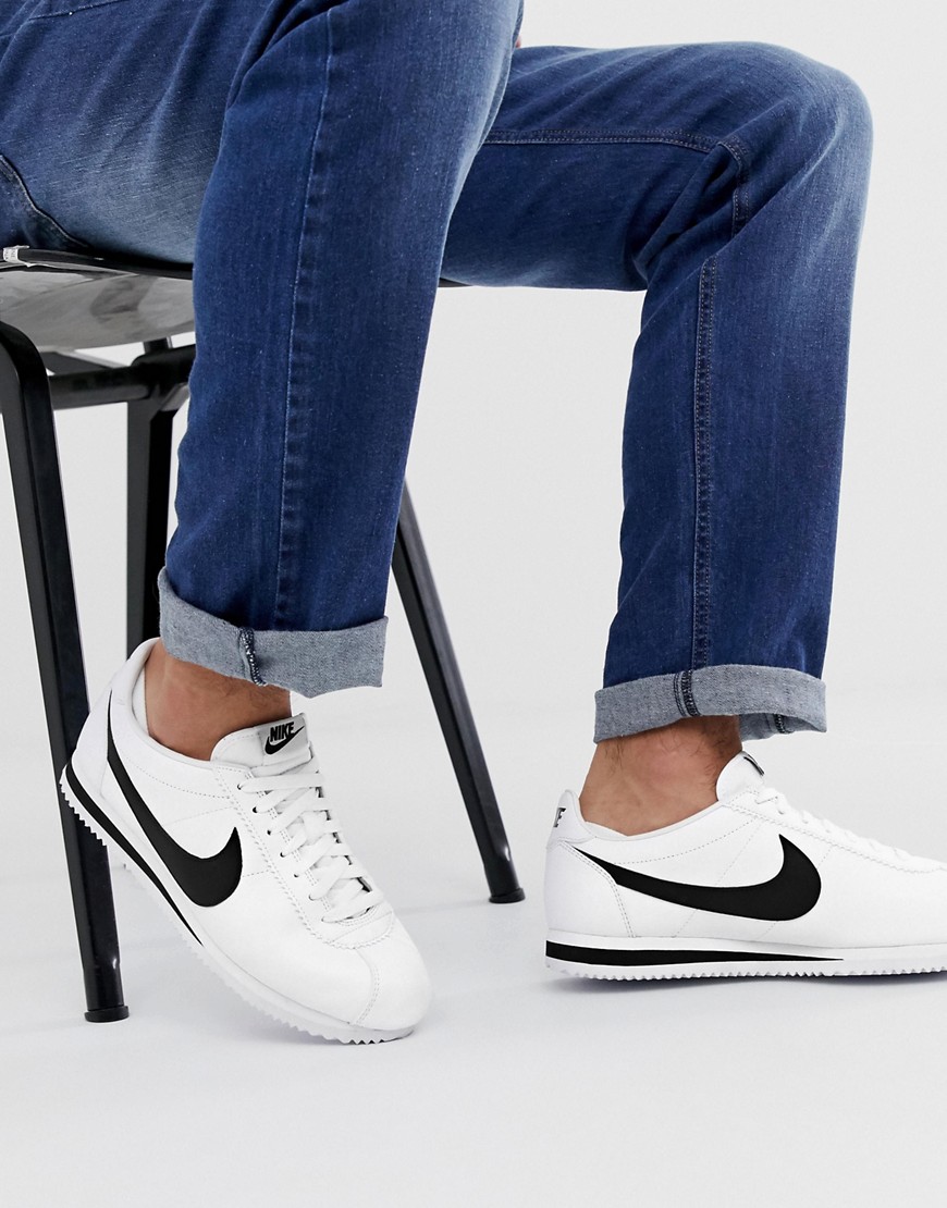 Nike Cortez leather trainers in white with black swoosh
