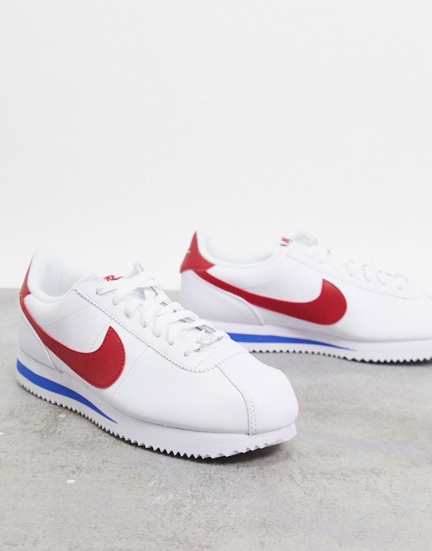Nike Cortez Leather Trainers In White With Red Swoosh | ModeSens