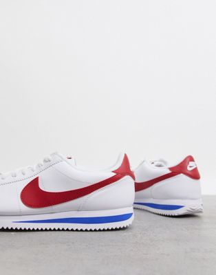 nike cortez leather trainers in white with red swoosh