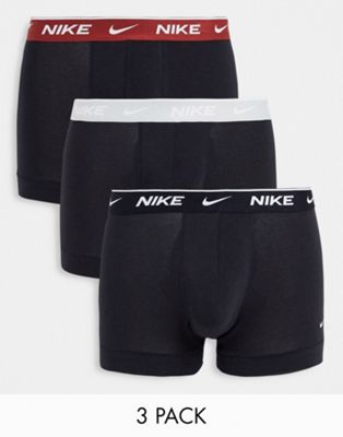 Nike cotton stretch 3 pack trunks in black with coloured waistband
