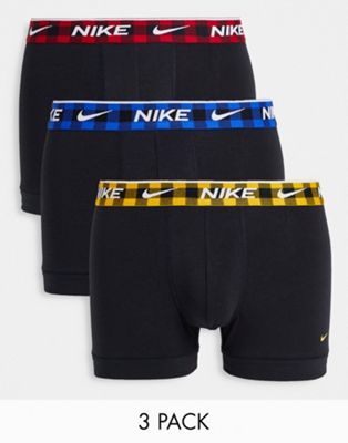 Nike cotton stretch 3 pack trunks in black with gingham waistband