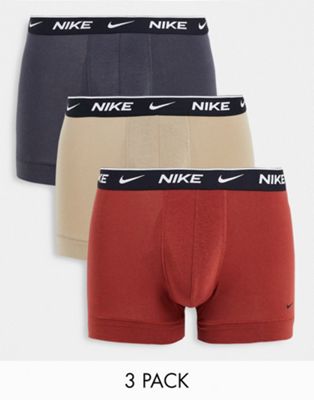 Nike cotton stretch 3 pack trunks in rust/grey/stone