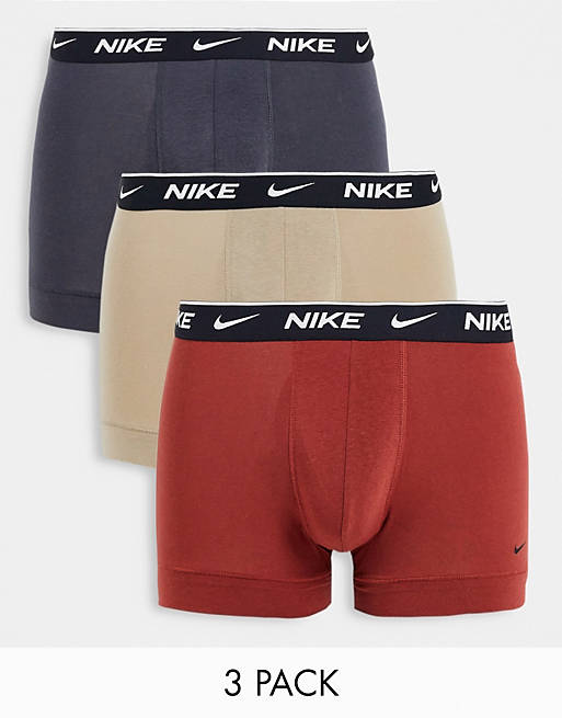  Underwear/Nike cotton stretch 3 pack trunks in rust/grey/stone 