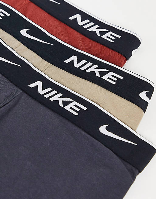  Underwear/Nike cotton stretch 3 pack trunks in rust/grey/stone 