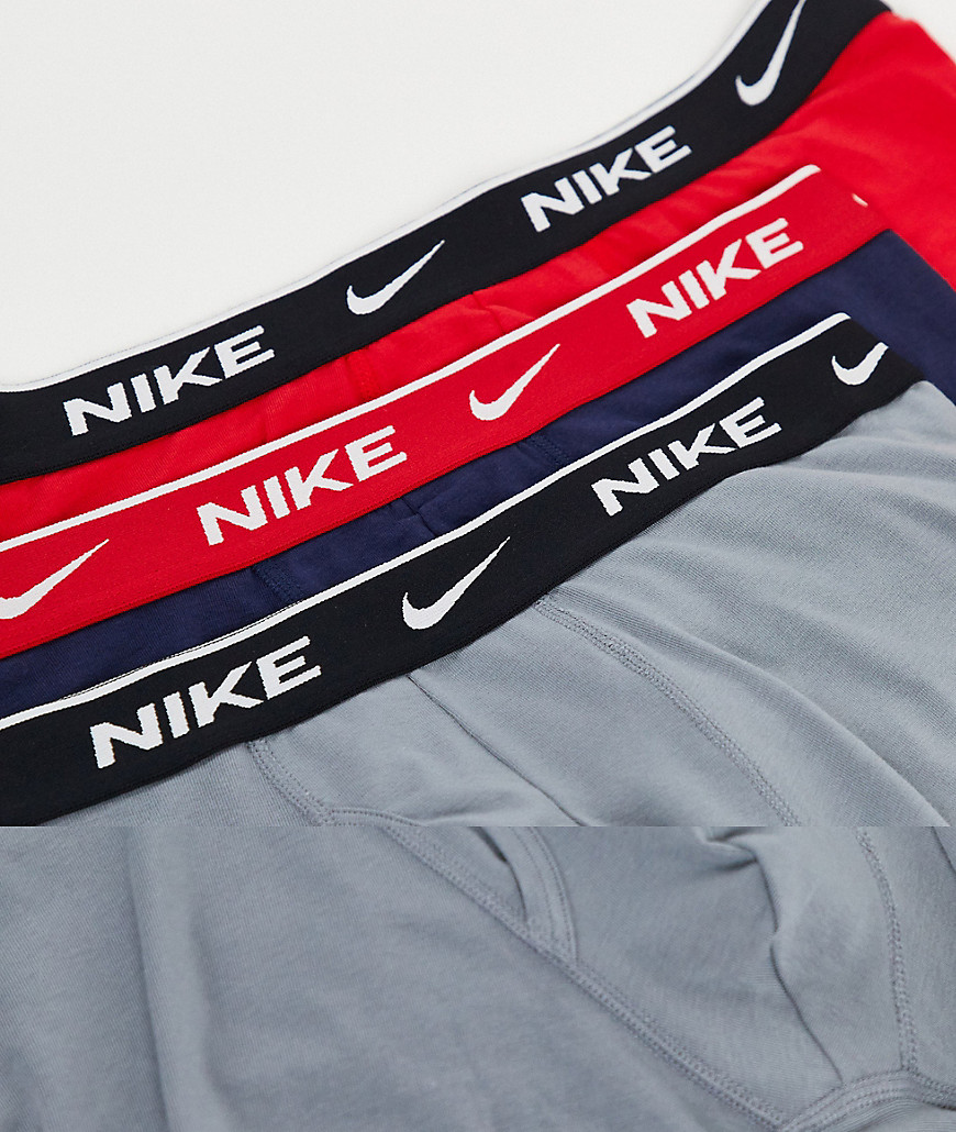 Nike Cotton Stretch 3-pack trunks with fly in red/gray/navy-Multi