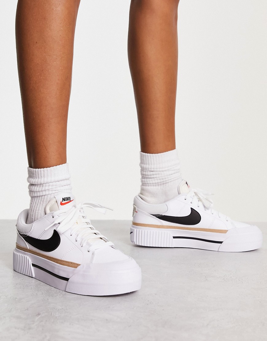 Shop Nike Court Legacy Lift Sneakers In White, Black, Hemp And Team Orange