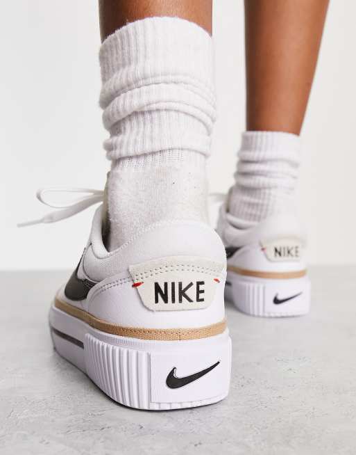 Nike Court Legacy Lift sneakers in white, black, hemp and team orange