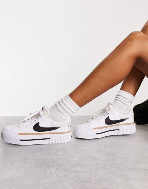 Nike Court Legacy Lift sneakers in white, black, hemp and team orange