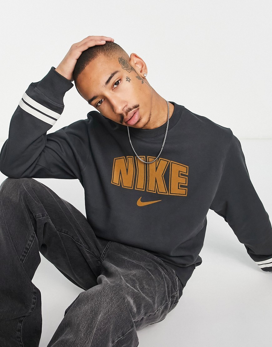 Nike crew neck sweatshirt with retro chest print in dark smoke grey