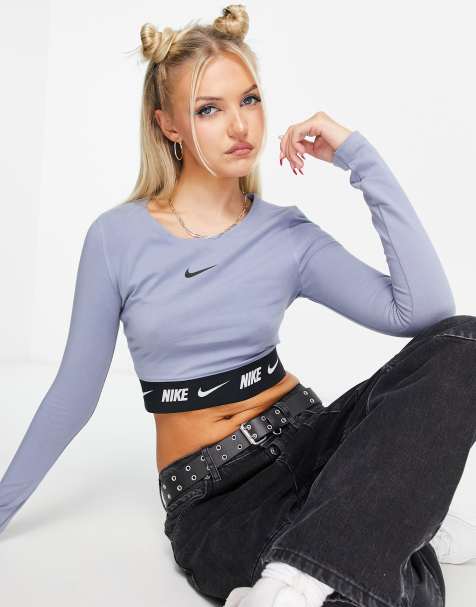 Nike - Crop top a maniche lunghe color ardesia con fettuccia con logo - view 1