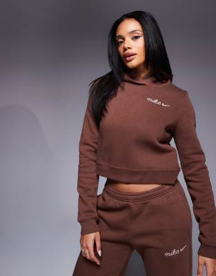Nike - Cropped-Kapuzenpullover in Braun mit Logo-Stickerei-Brown
