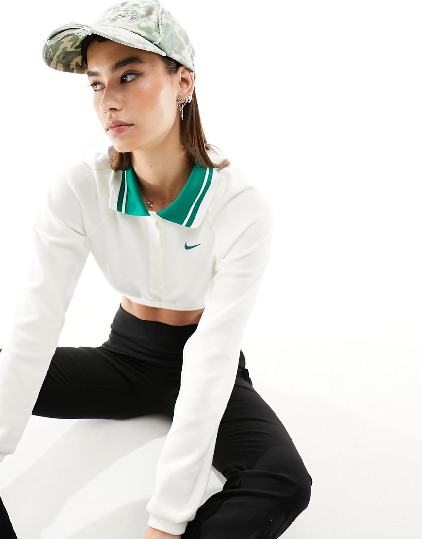 Nike Cropped Long Sleeved Polo Top In White And Green