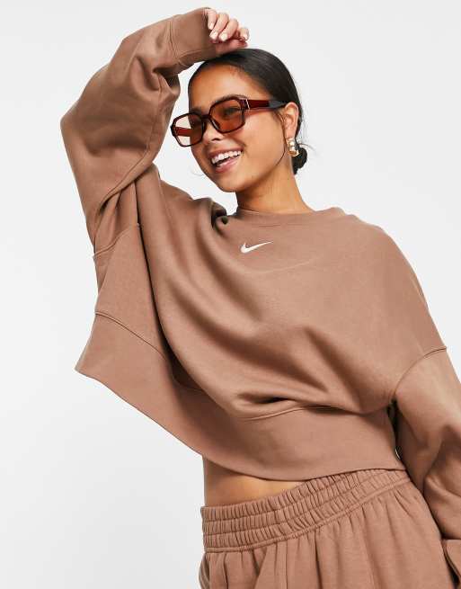Nike - Cropped sweatshirt i jordbrun fleece