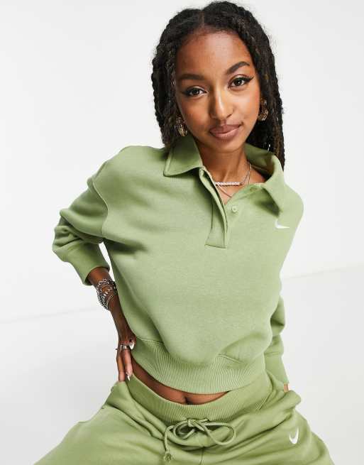 Nike – Cropped-Sweatshirt in Alligator-Grün mit Polokragen und Mini-Swoosh-Logo
