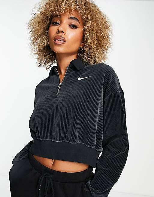 Nike cropped velour quarter zip sweatshirt in black | ASOS