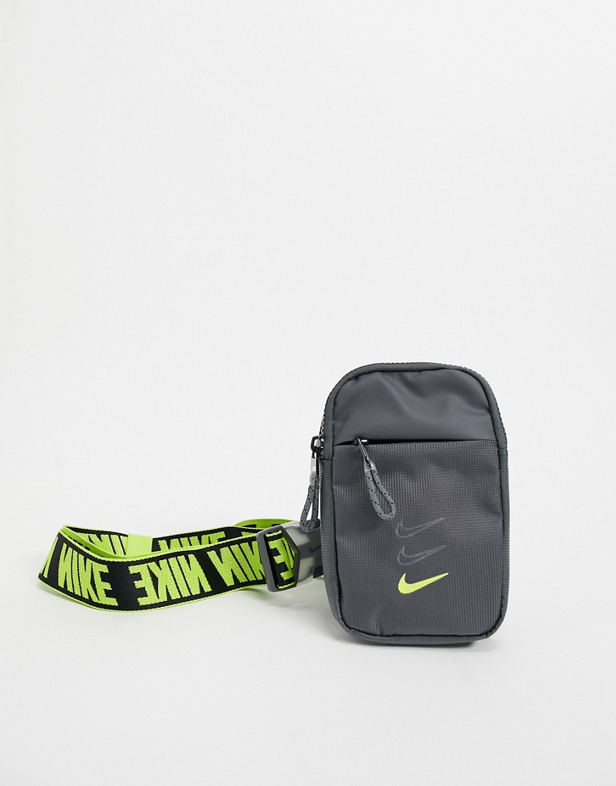 Nike cross body bag with branded straps in gray and neon yellow-Grey