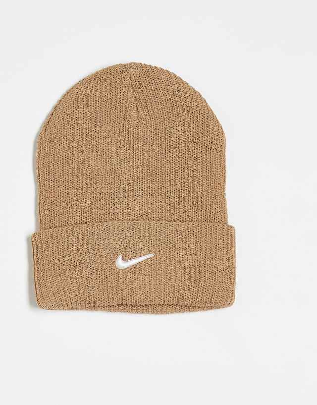 Nike cuffed beanie with metal swoosh in brown