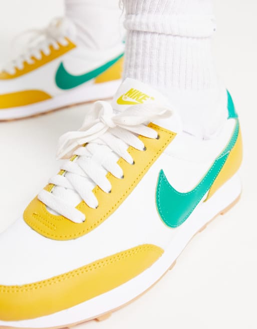 Nike Daybreak sneakers in white, neptune green and yellow ochre