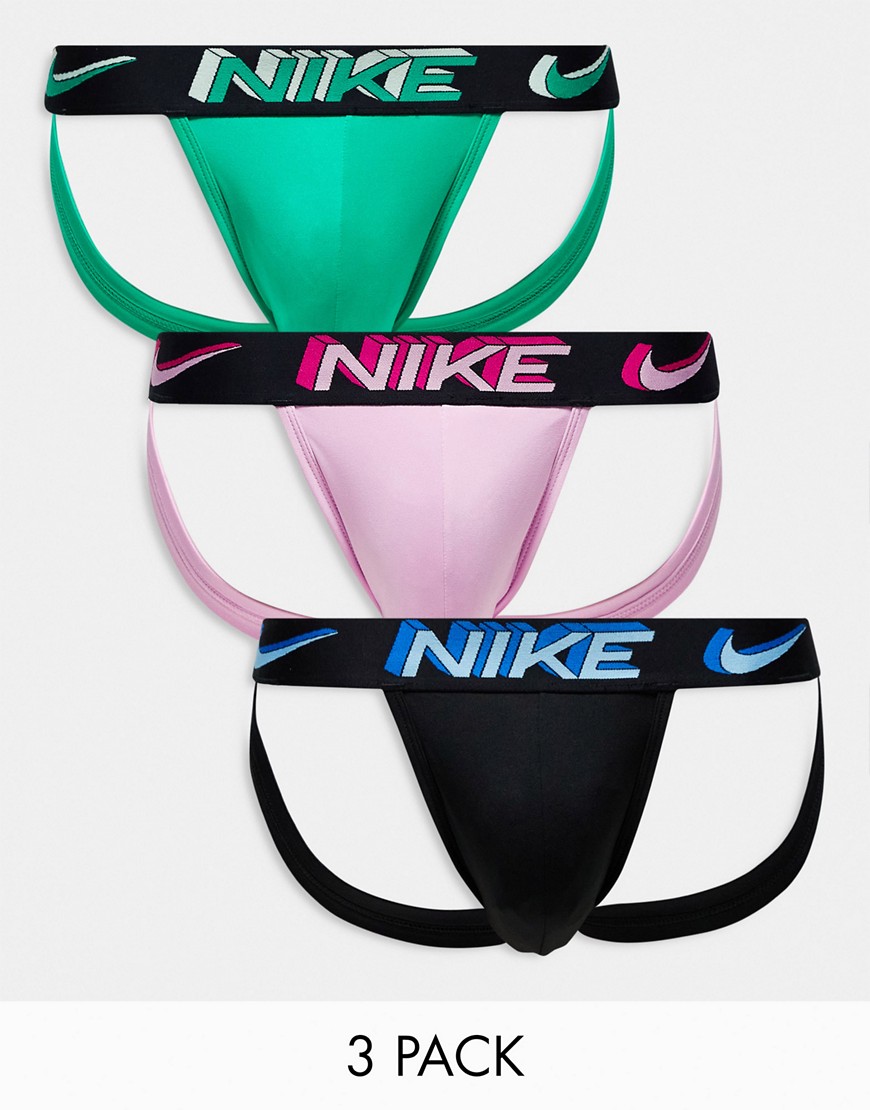 Nike Dri-Fit 3 pack microfibre jock straps in black, green and pink-Multi