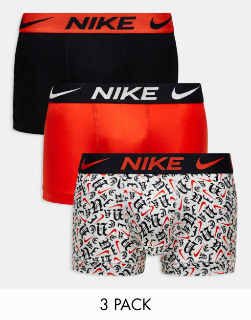 Nike - Dri-FIT Essential - Confezione da 3 boxer aderenti in microfibra bianchi, arancioni e con stampa nera