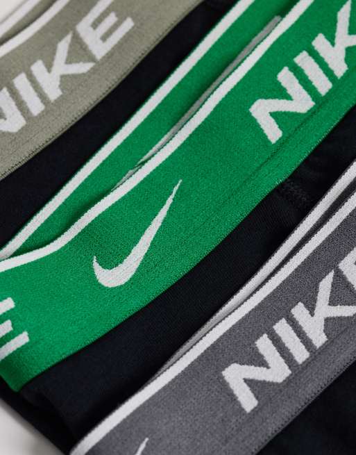 Nike Dri-FIT Essential Cotton 3 pack boxer briefs with green/grey waistbands in black, 2 of 3