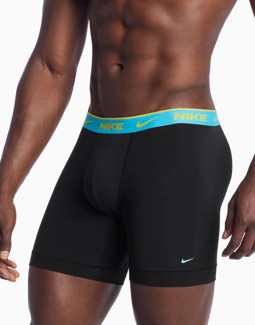 Nike Dri-FIT Essential Cotton 3 pack boxer briefs with navy/red/blue waistbands in black, 2 of 3
