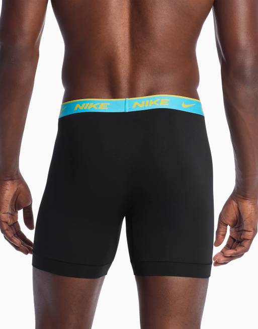 Nike Dri-FIT Essential Cotton 3 pack boxer briefs with navy/red/blue waistbands in black, 3 of 3