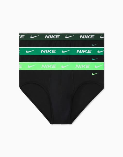 Nike Dri-FIT Essential Cotton 3 pack hip briefs with green waistbands in black - view 1