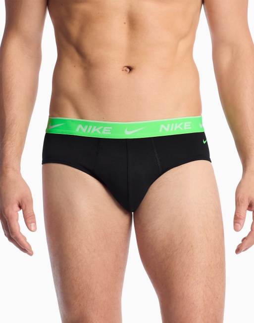 Nike Dri-FIT Essential Cotton 3 pack hip briefs with green waistbands in black, 2 of 4