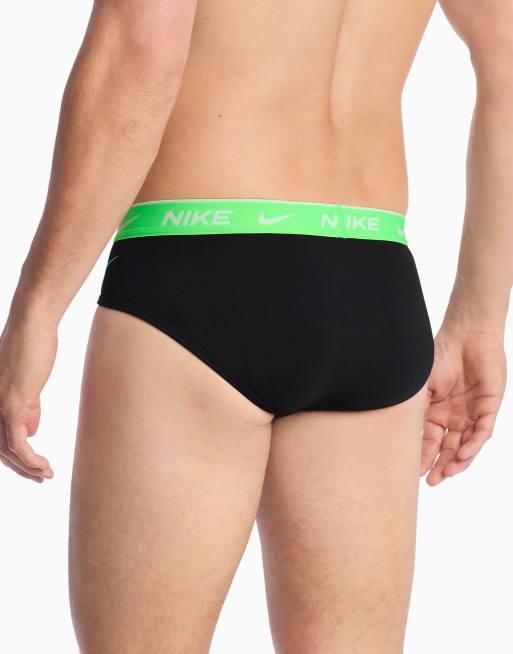 Nike Dri-FIT Essential Cotton 3 pack hip briefs with green waistbands in black, 3 of 4